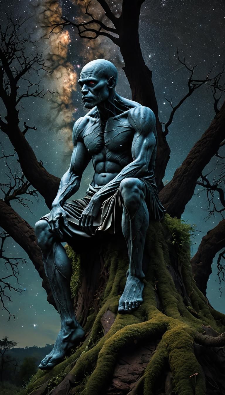 Giant God of Solitude Under Starry Skies in Gothic Horror St...