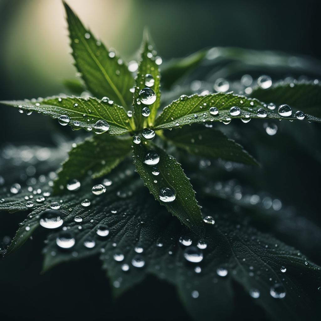 Marijuana Leaf Adorned with Dew: Close-Up Portrait