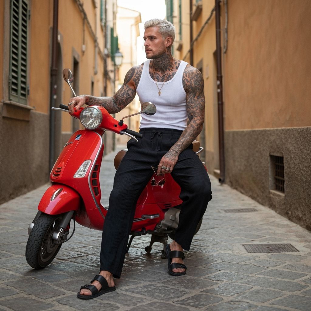 Italian Alley Scene: Man on Vespa in Fashion Editorial Style