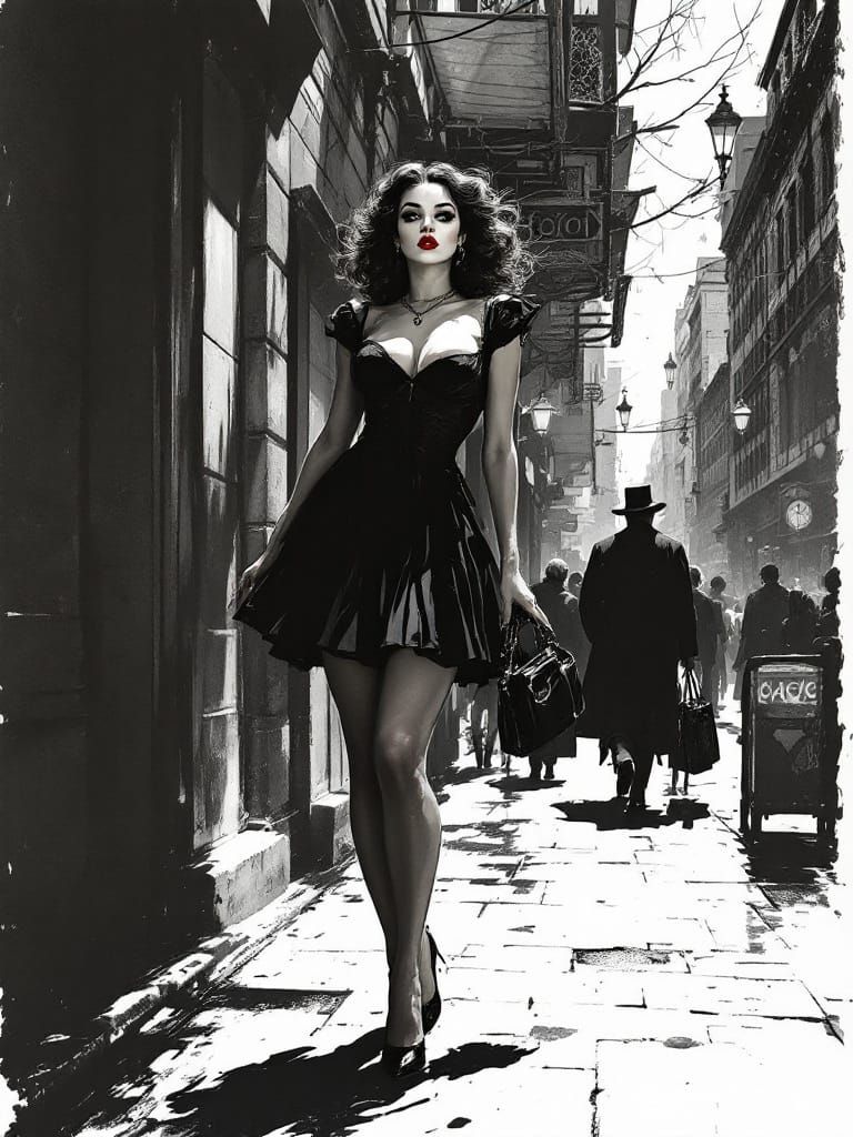Gothic Pin-Up Woman in Dramatic Cityscape