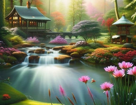 Lotus Flowers in Fantasy Garden: Hyperrealistic Whimsical Pa...