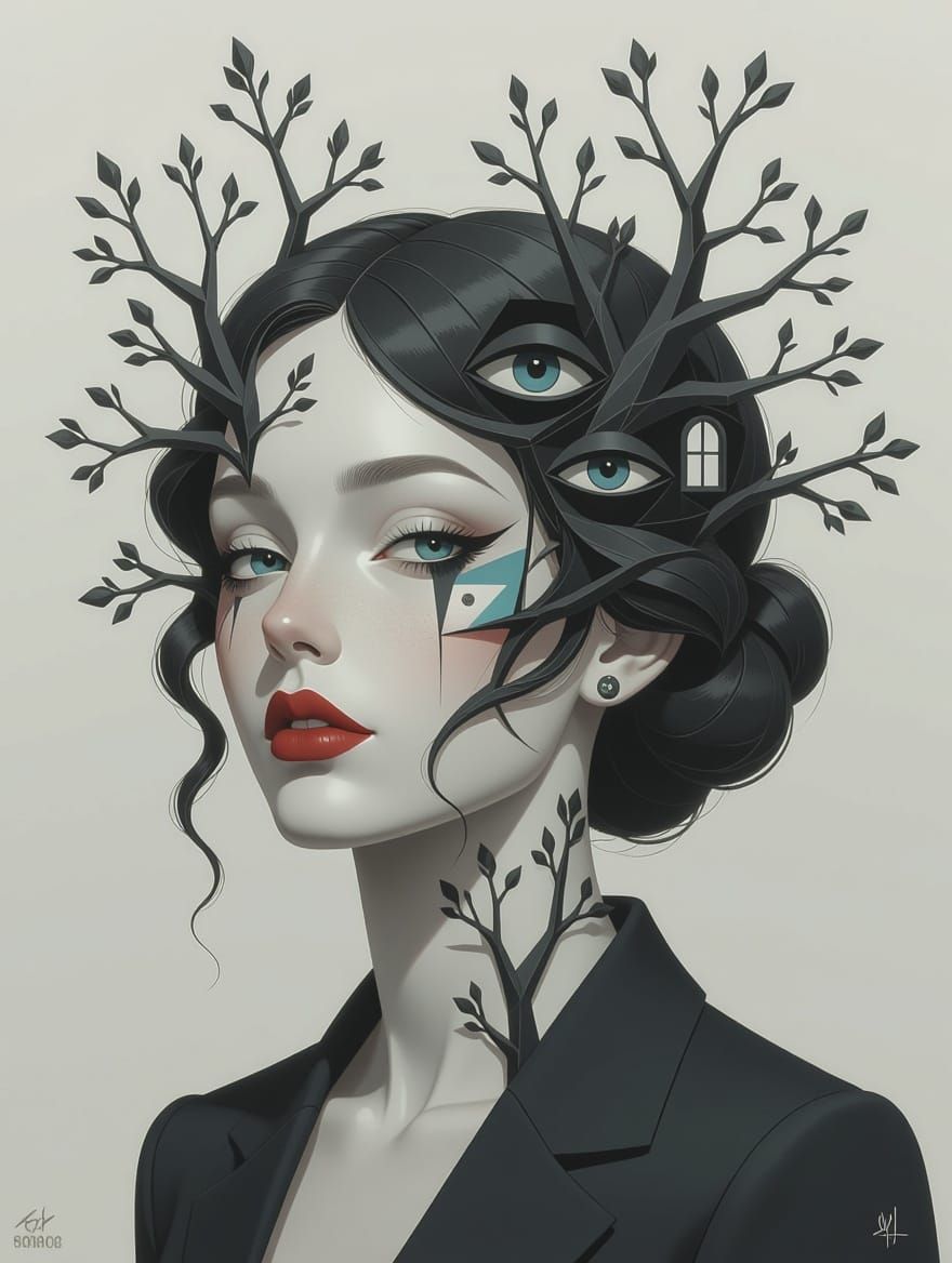 Cubist Woman Portrait with Tree Branches in Grayscale