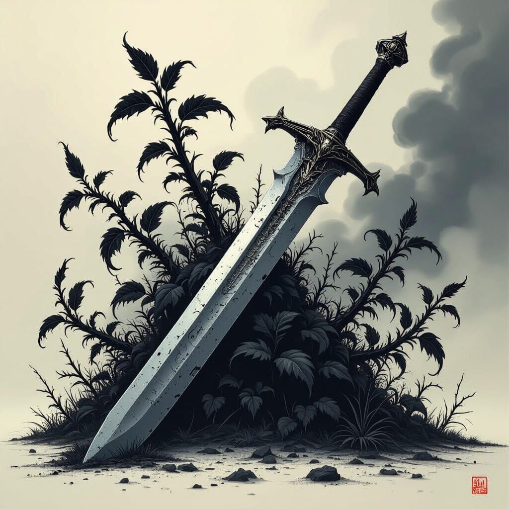 Majestic Sword Abandoned Among Dark Plants