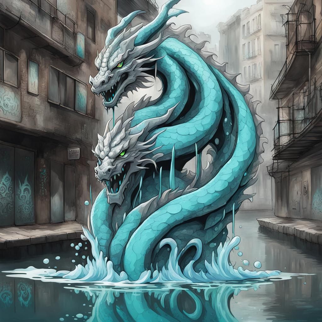 Cyan Dragon Graffiti in City Waters