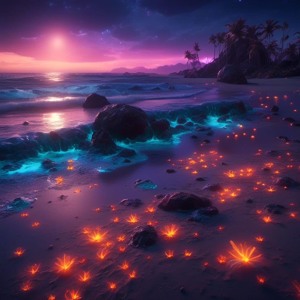 Bioluminescent Beach: A Fantastical Matte Painting