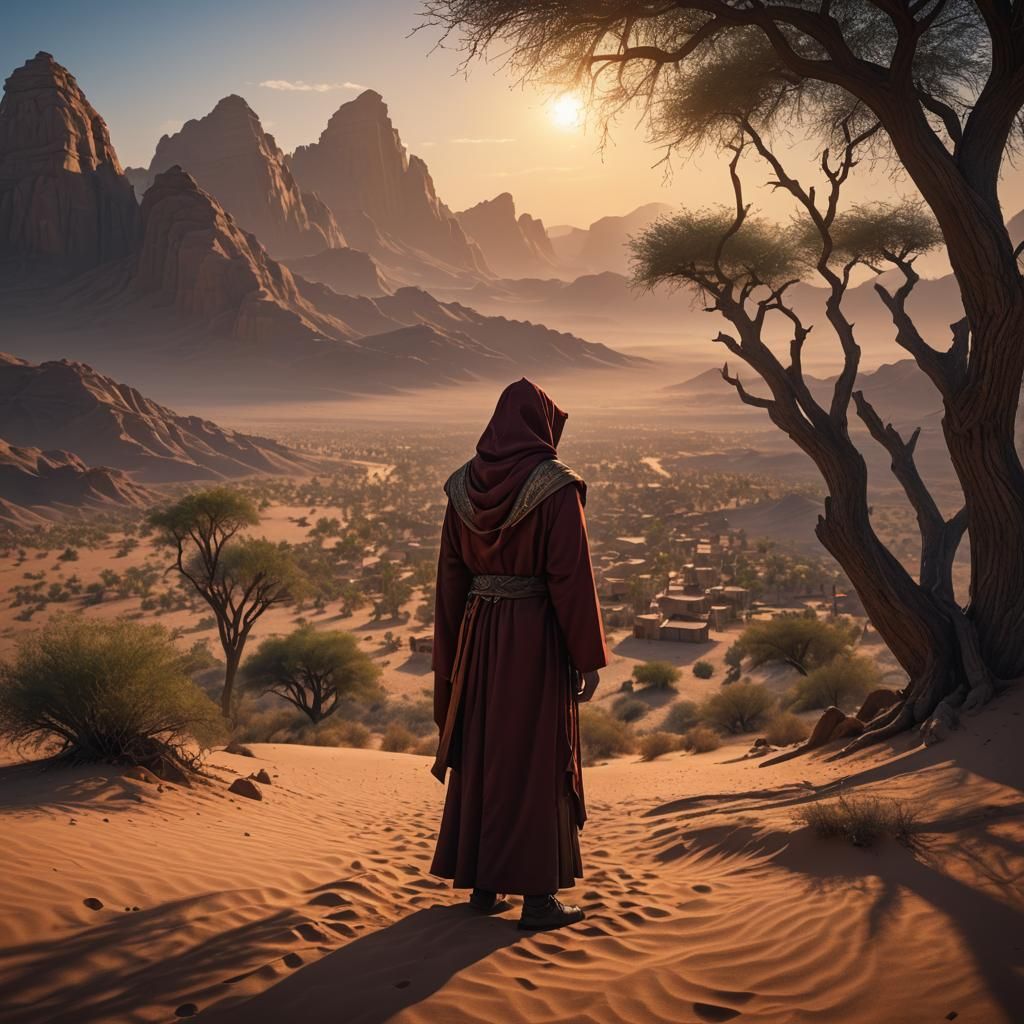 Monk in Desert Watching Sunrise: Fantasy Concept Art