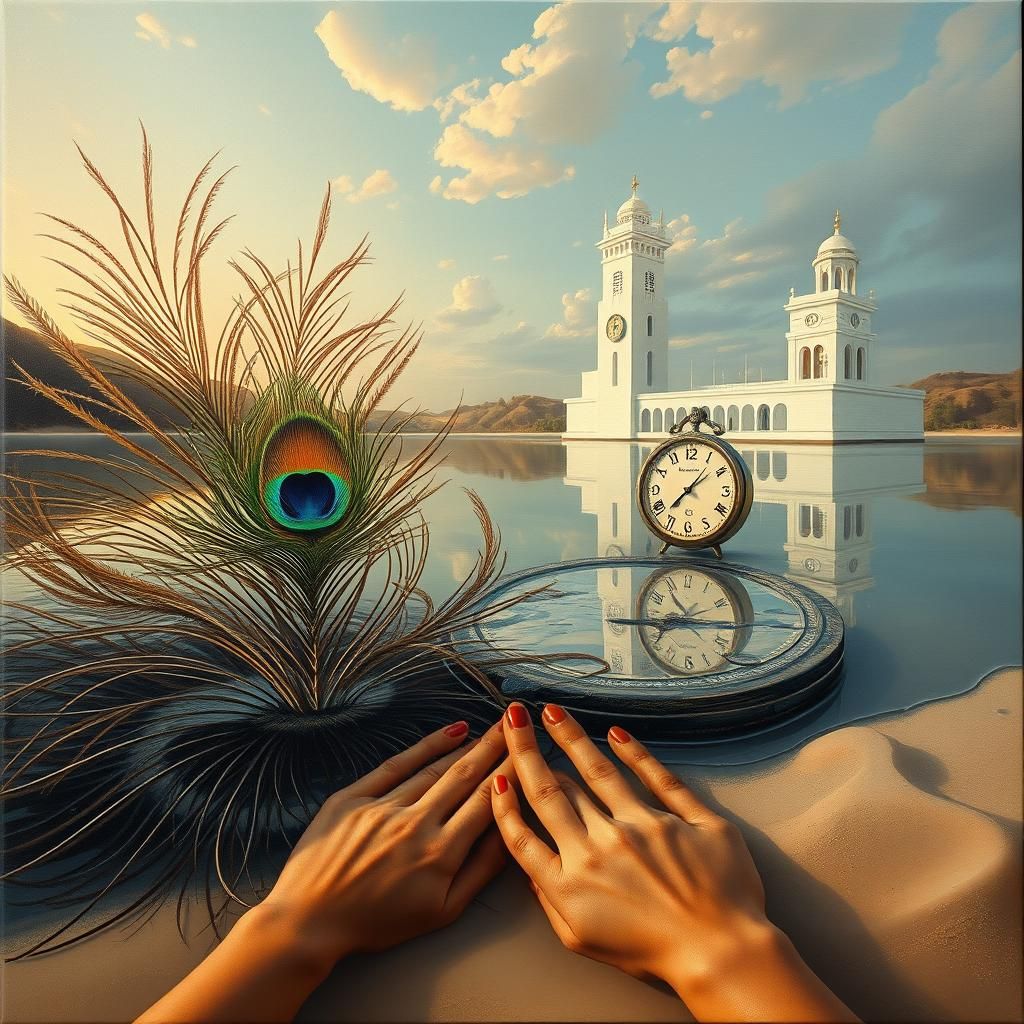 Surreal Lake Scene with Peacock Feathers and Melted Clocks