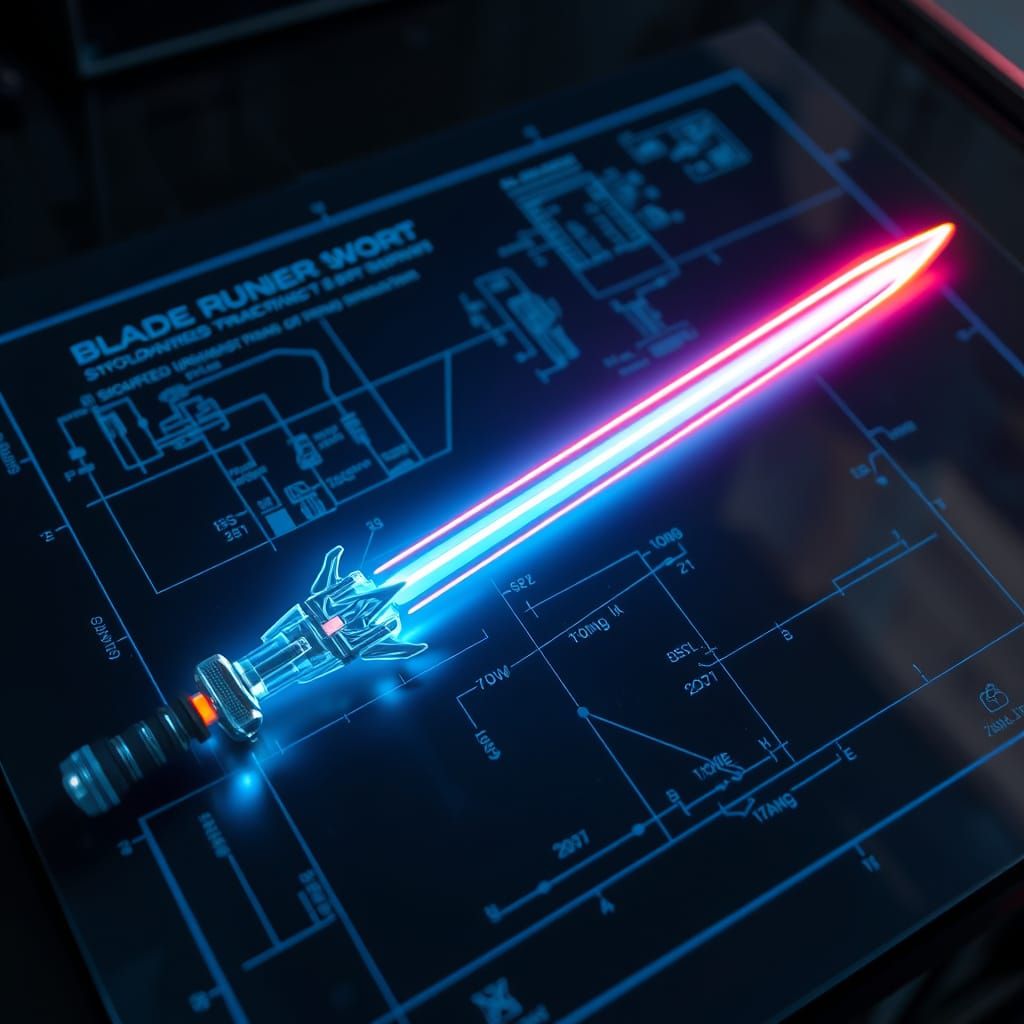 Cyberpunk Laser Sword Blueprint on Holographic Display
