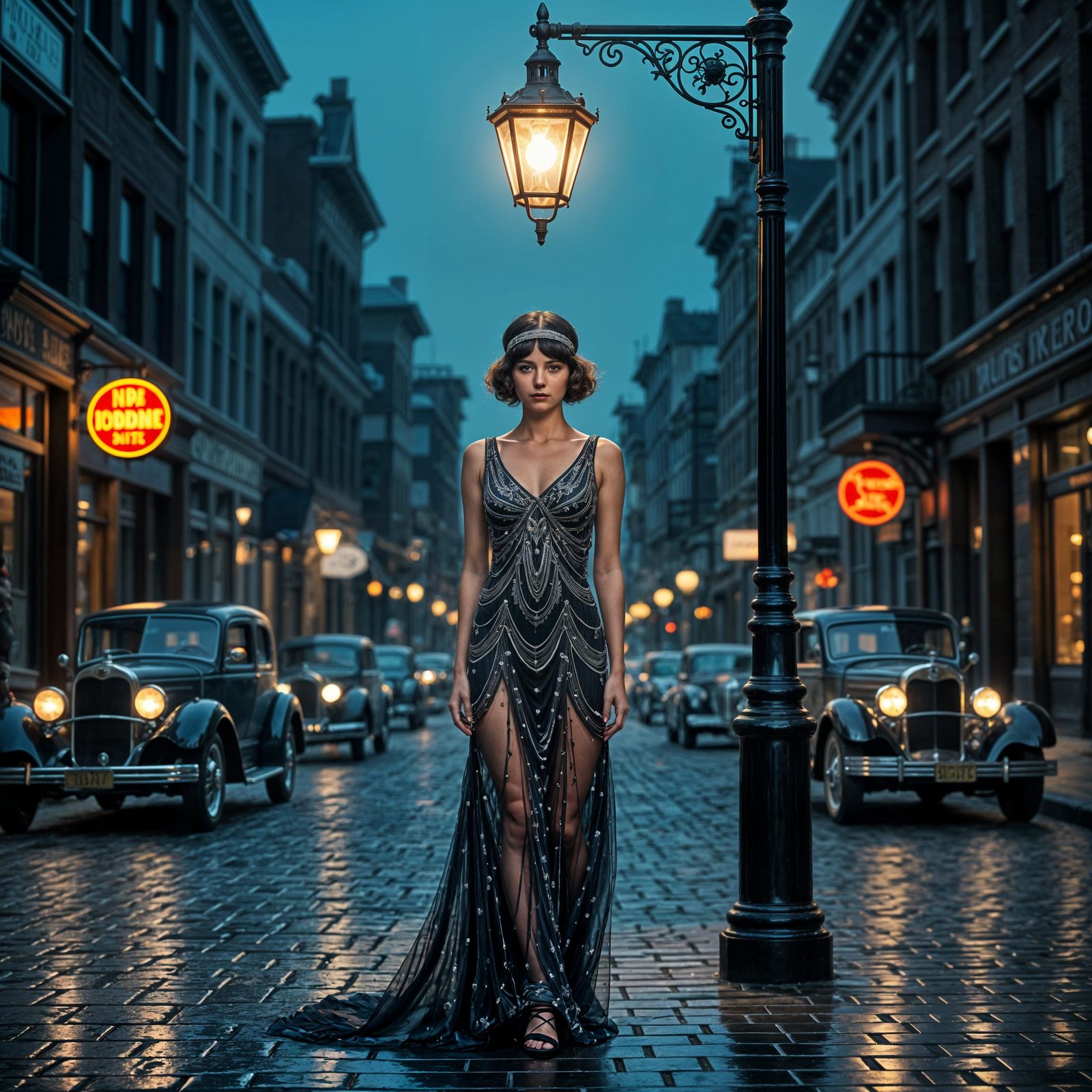1920s Flapper Woman on Cobblestone Street at Dusk