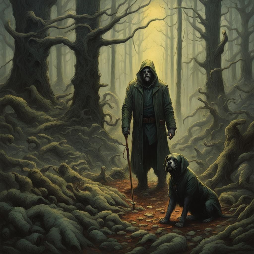 Hunter and Dog in Enchanted Forest with Antique Details