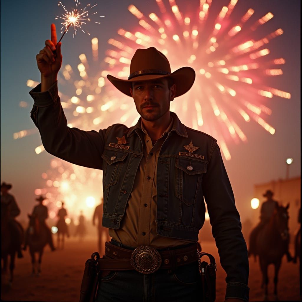Festive Cowboy Sheriff Celebrates with Fireworks