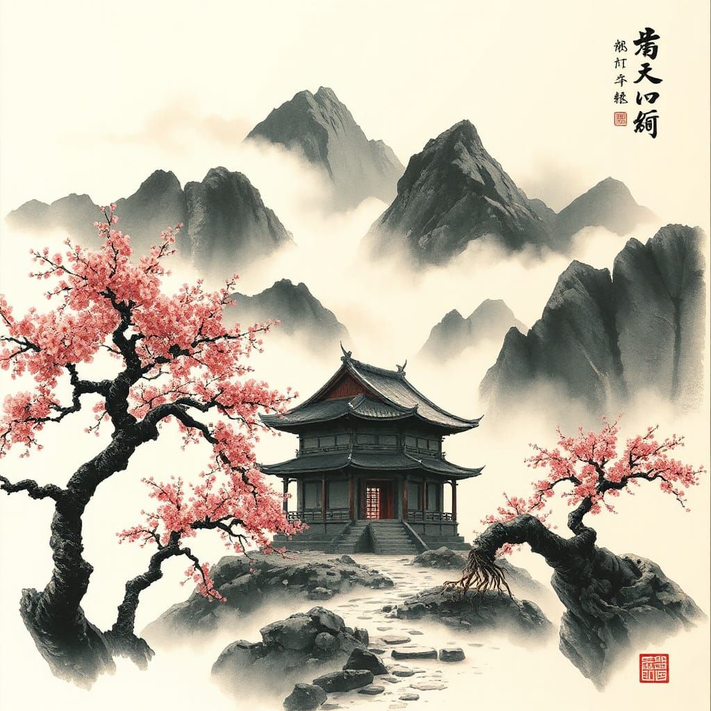 Sacred Temple in Mist: Chinese Ink Art Masterpiece