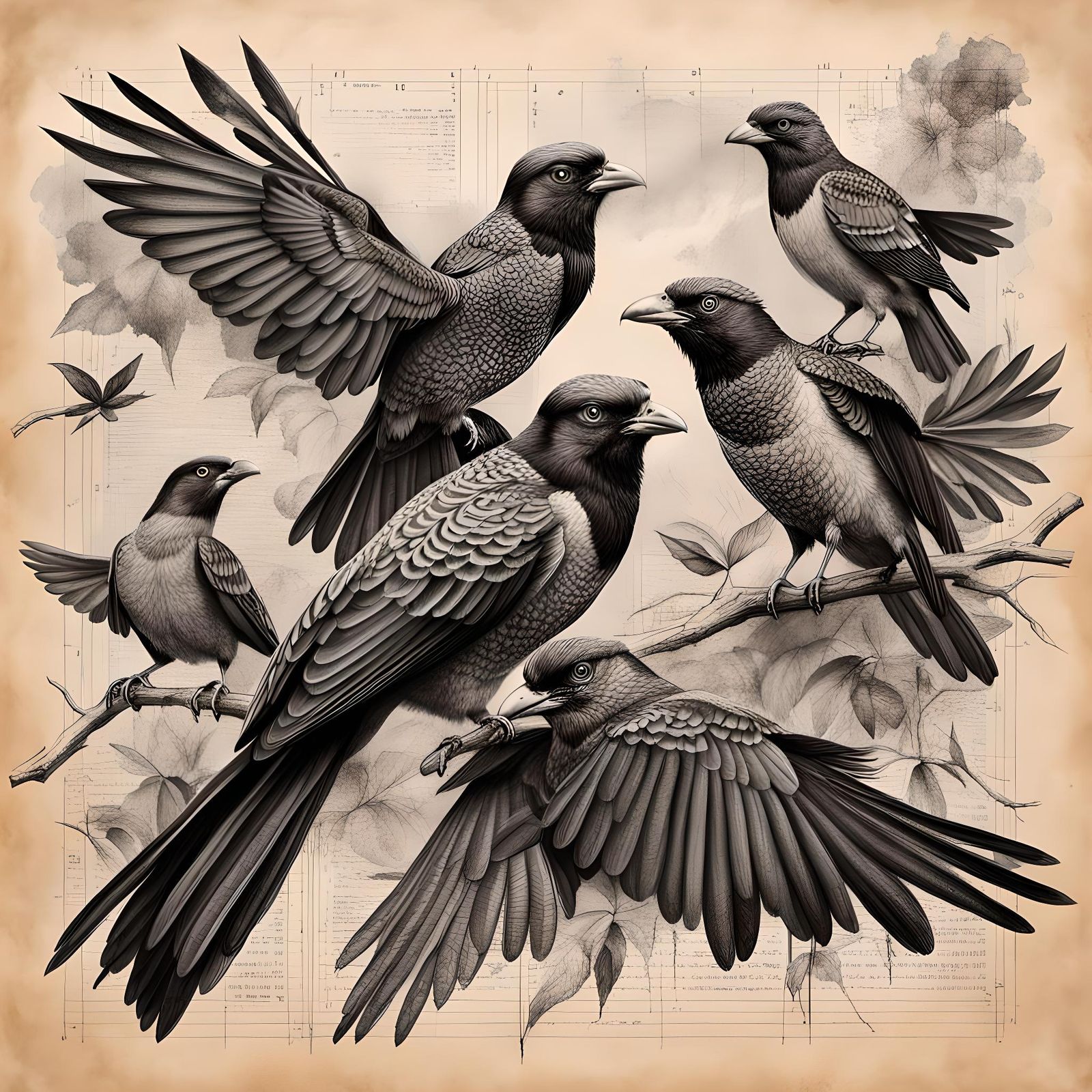 Hyperrealistic Sketch of Koel Birds on Vintage Paper