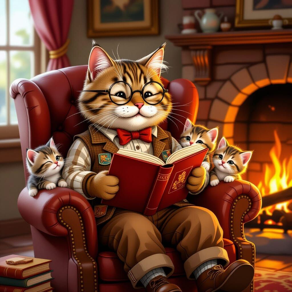 Storybook Cat Reads to Kittens by Fireplace