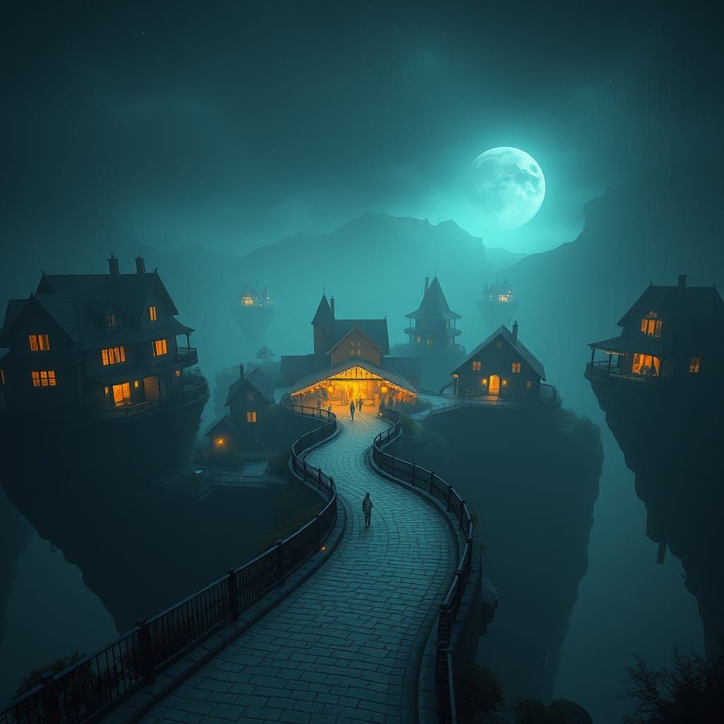 Floating City Marketplace Under Ethereal Nighttime