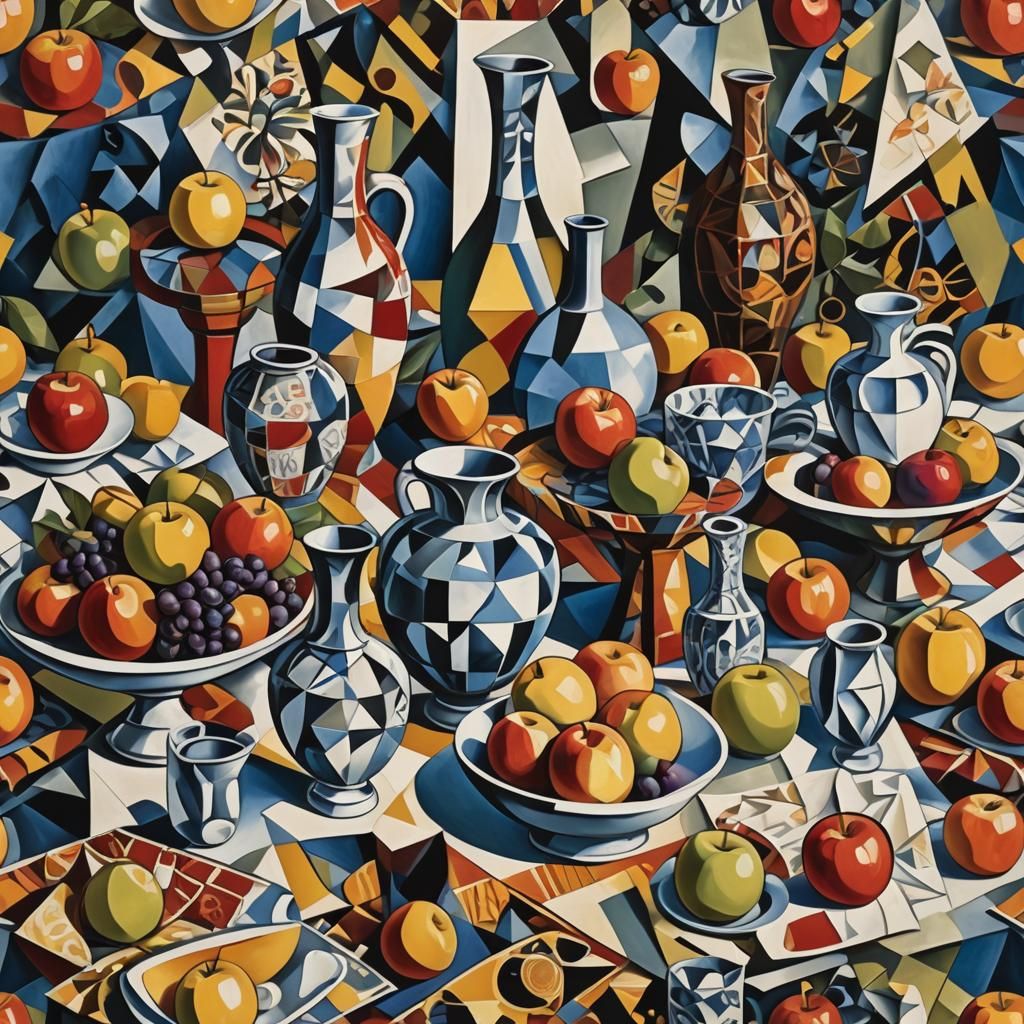 Cubist Still Life with Geometric Fruit and Vases