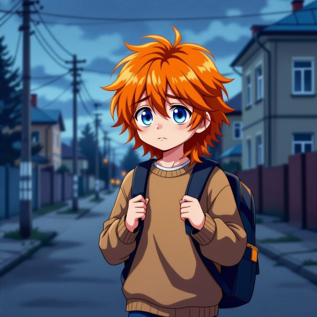 Sad Boy Walking to School in Anime Style