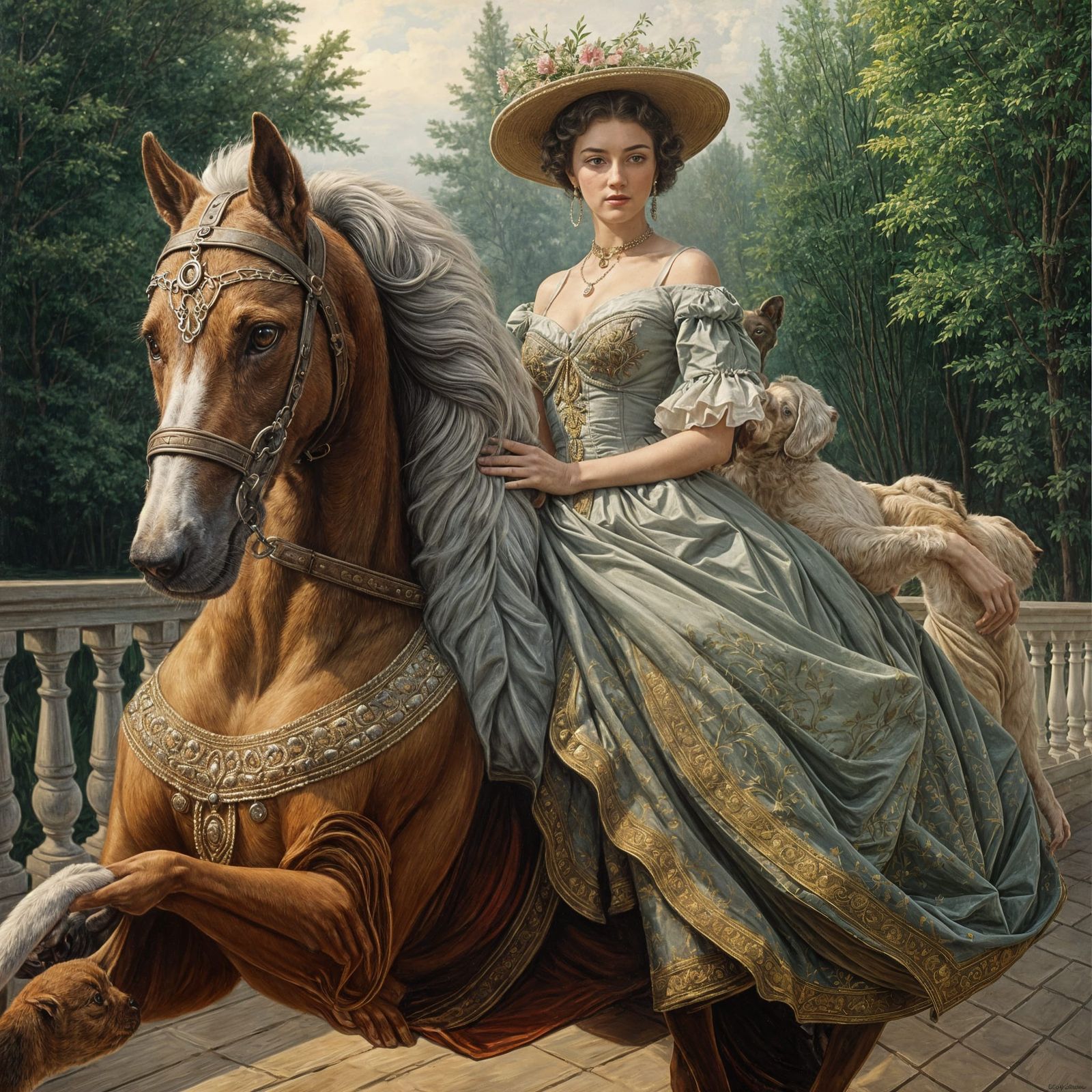 Chatelaine with Greyhounds: Oil Painting in De Dreux Style