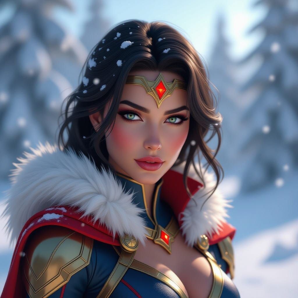Powerful Superheroine in Snowy Landscape