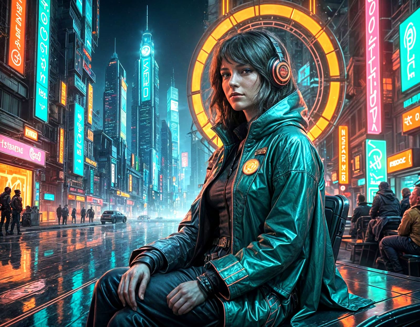 Cyberpunk Cityscape with Serene Lake and 3D Holographic Disp...