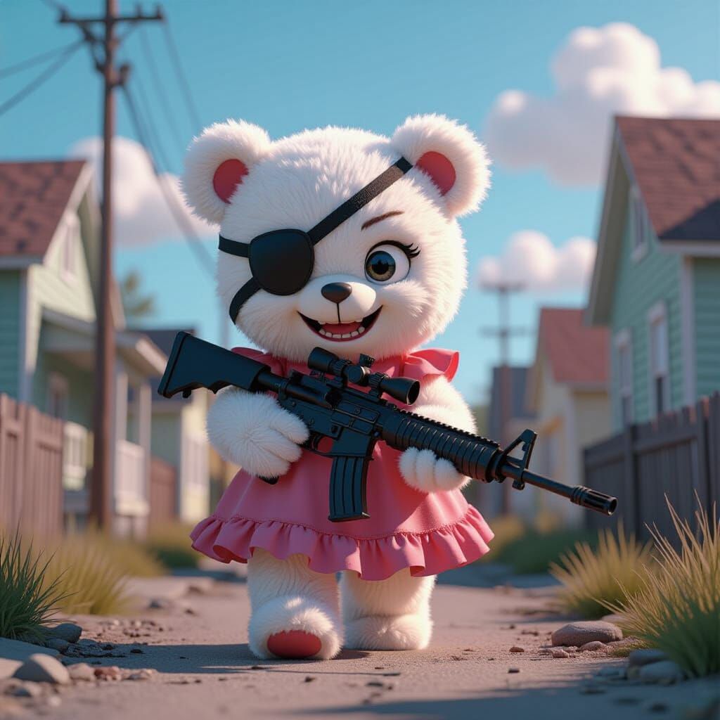 Evil Teddy Bear with Rifle in Pixar Animation Style
