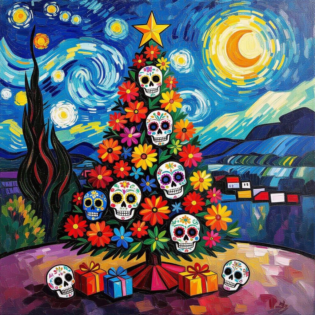 Day of the Dead Christmas Tree in Neo-Impressionist Style