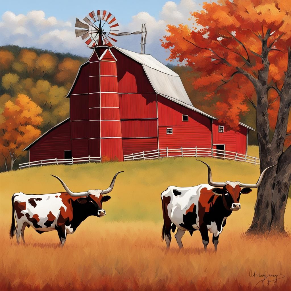 Longhorn Steers in Autumn Pasture