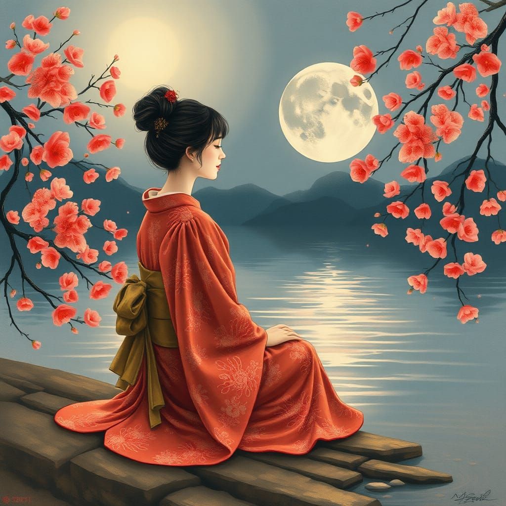 Contemplative Woman Meditating by Twilight Pond