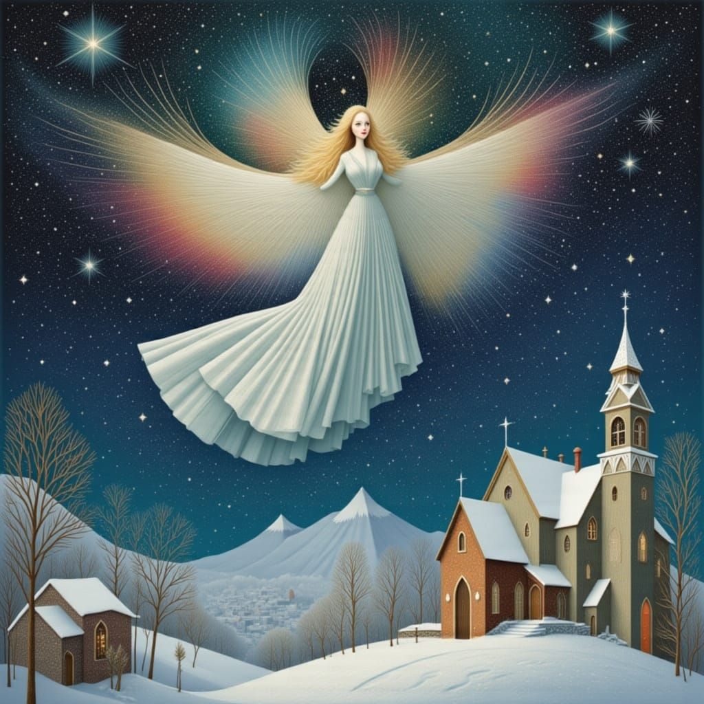 Christmas Angel Descends Over Snowy Village in Nebula