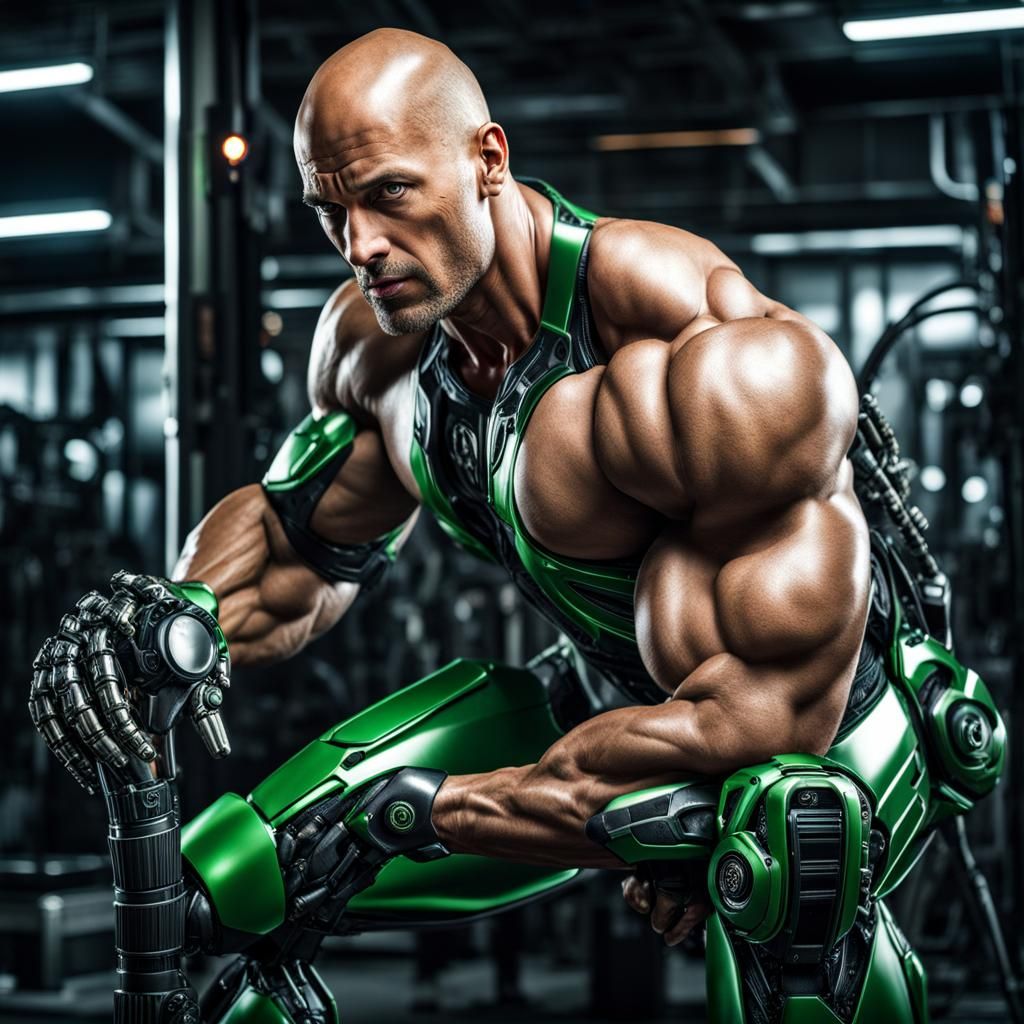 Hyperrealistic Muscular Man with Robotic Leg