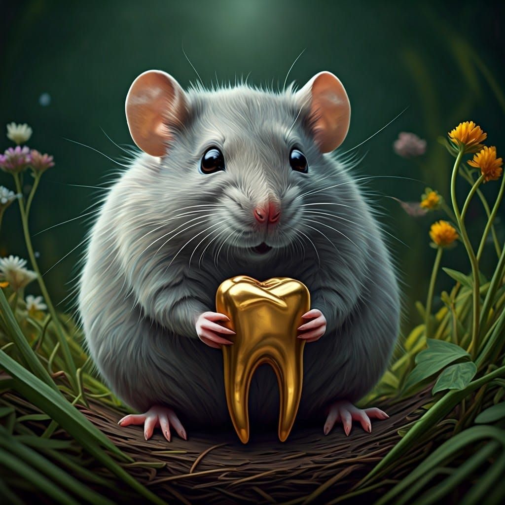 Fluffy Mouse Holding Dandelion in Whimsical Style