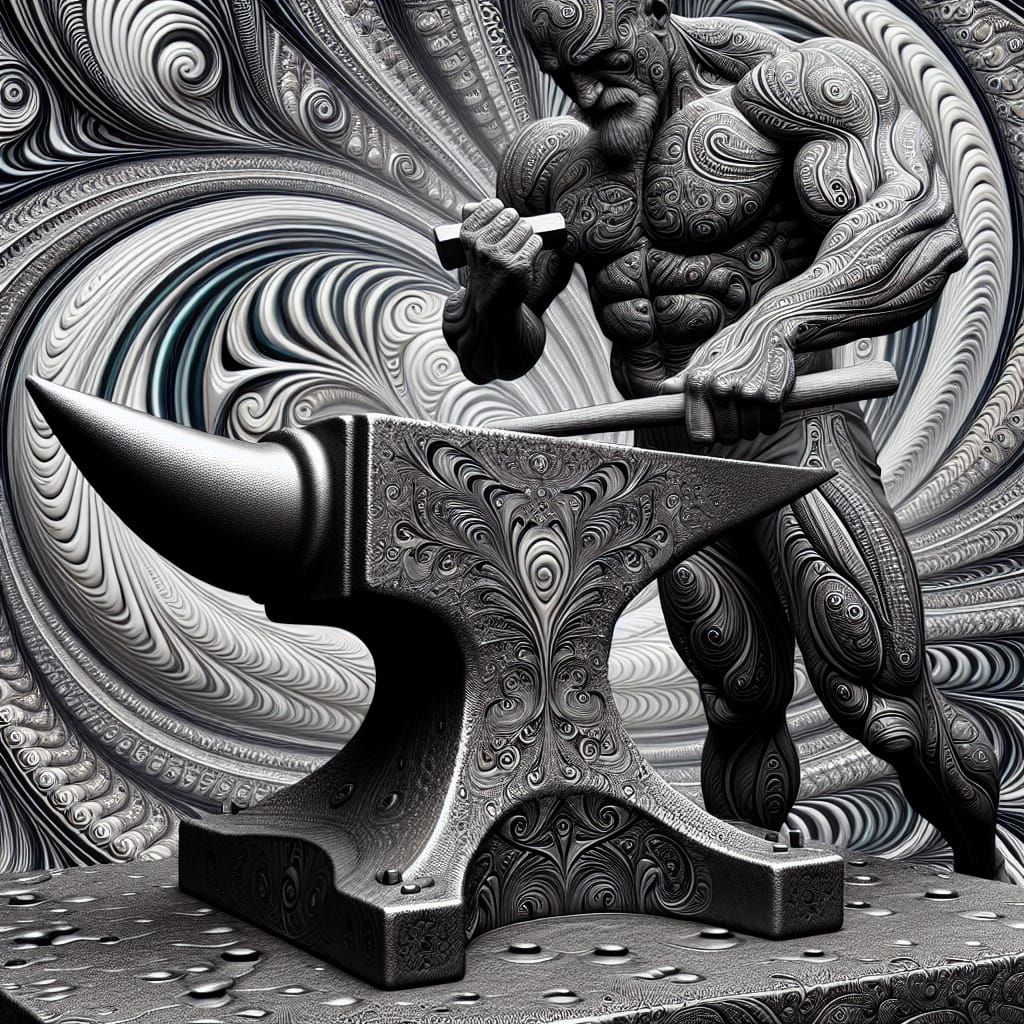 Tattooed Man at Anvil in Abstract Fractal Art