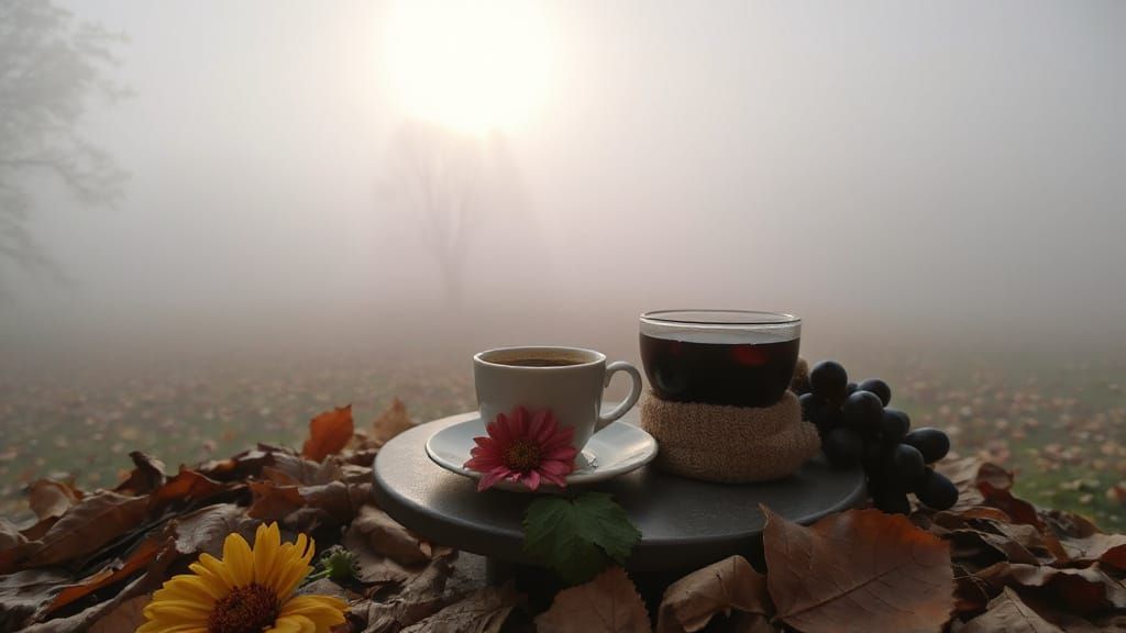 Foggy Autumn Morning Coffee Scene with Sun Rays
