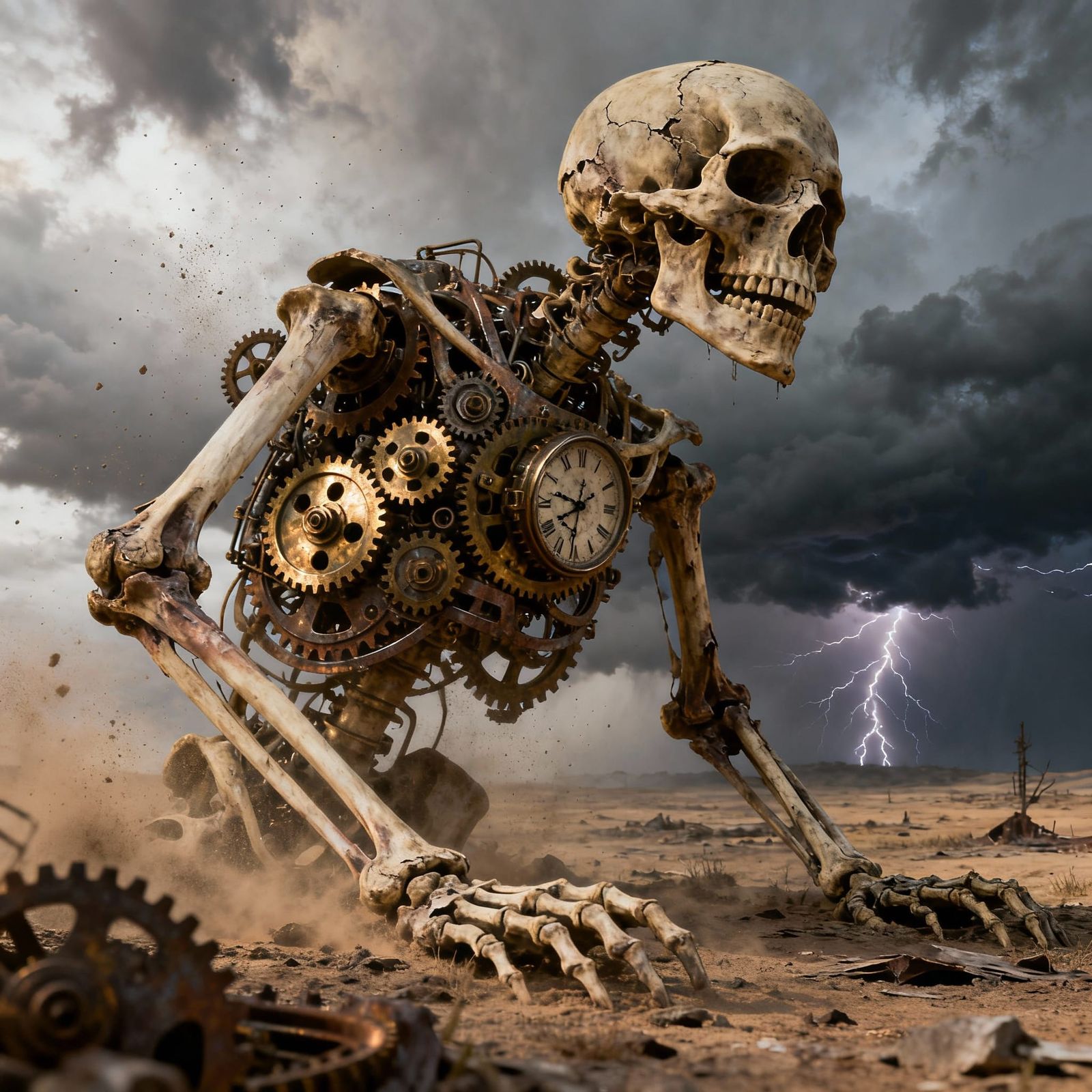 Clockwork Gears Fuse With Beast Skeletons in Wasteland Photo