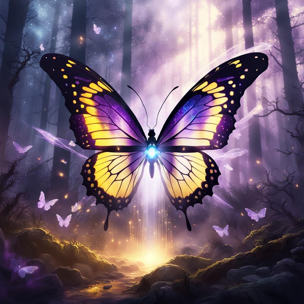 Majestic Crystal Winged Butterfly in Dark Fantasy Forest