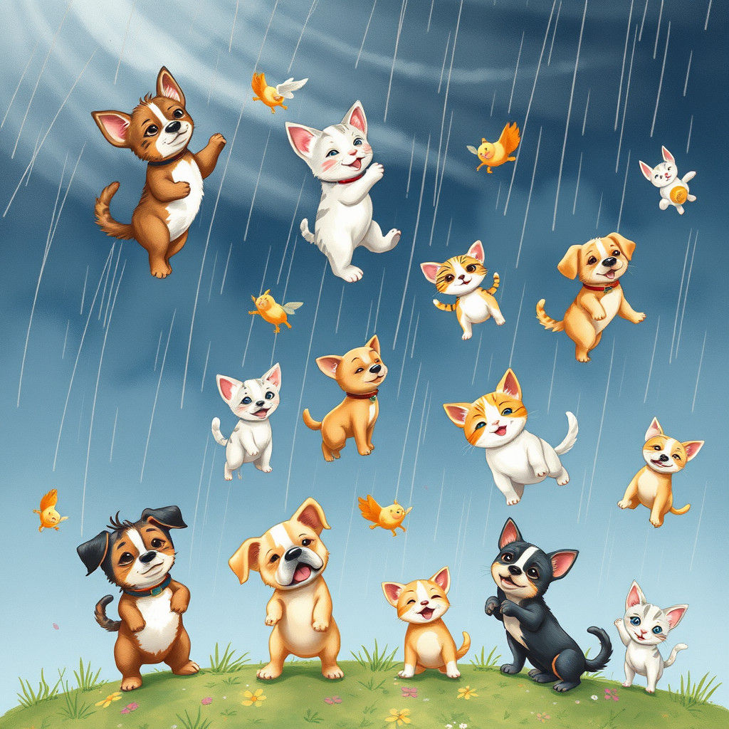 Cartoon Storm of Tiny Cats and Dogs