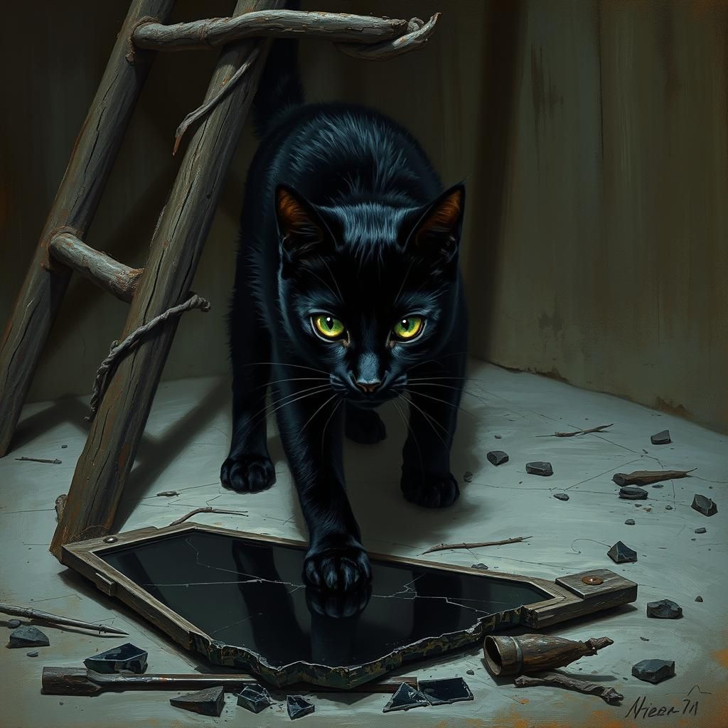 Black Cat Under Ladder in Gothic Style