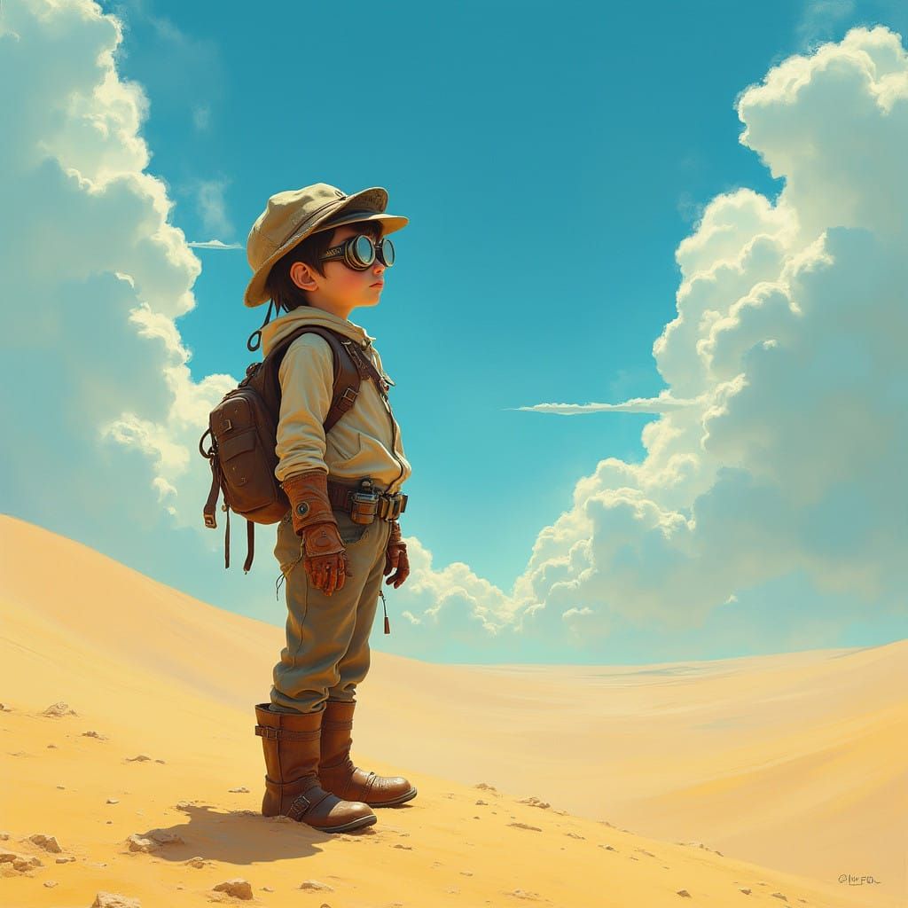Steampunk Young Adventurer Stands at Desert's Edge, Gazing U...
