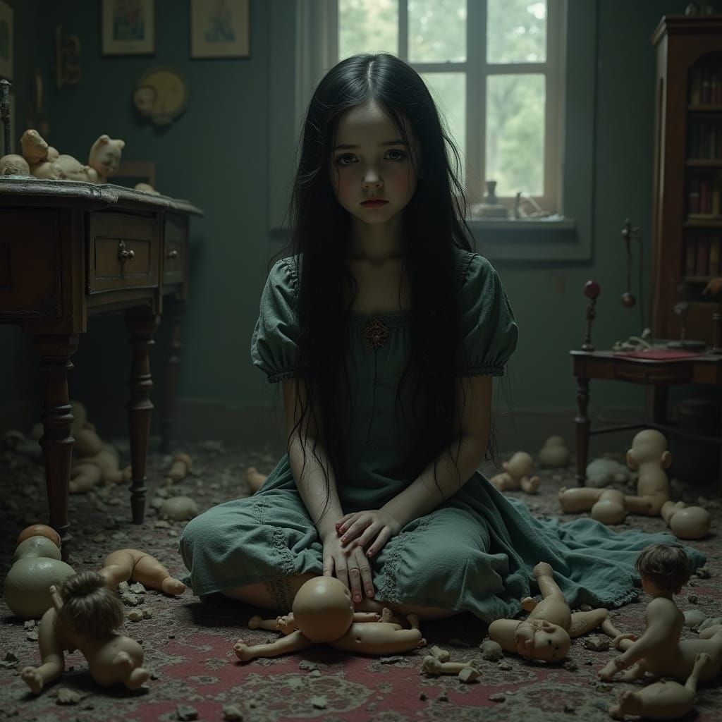 Gothic Victorian Portrait of a Long-Haired Girl in Sorrow