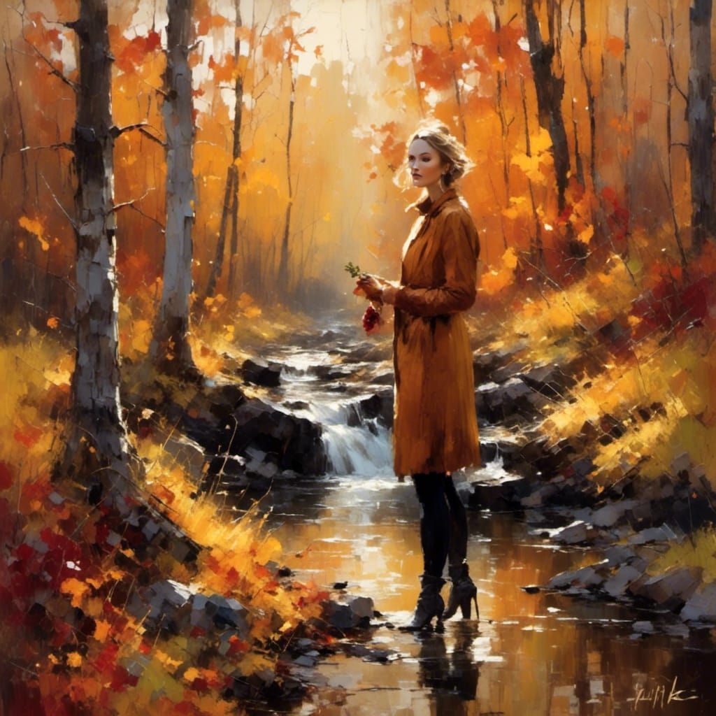 Golden Hour in Autumnal Forest: Impasto Painting