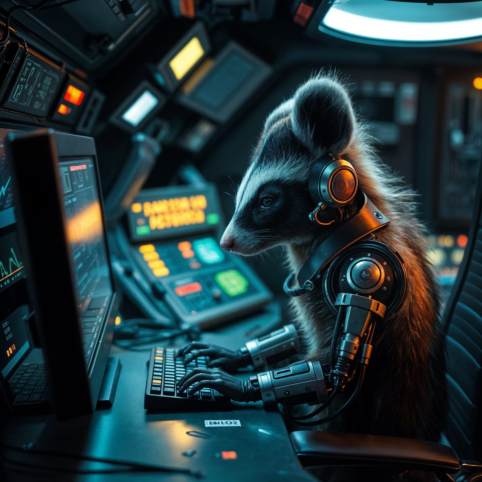 Cyborg Skunk Working at Desk in Spaceship Tech Room