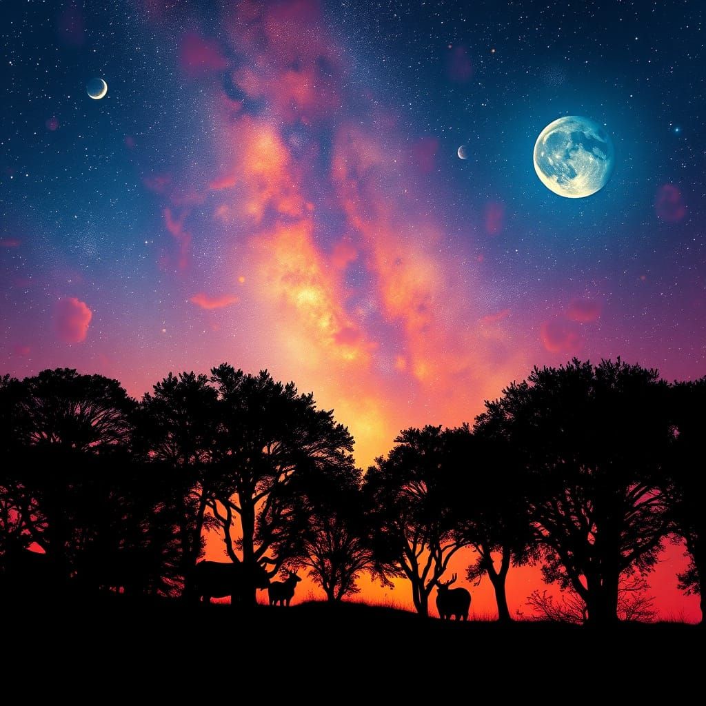 Ethereal Night Sky with Silhouetted Animals