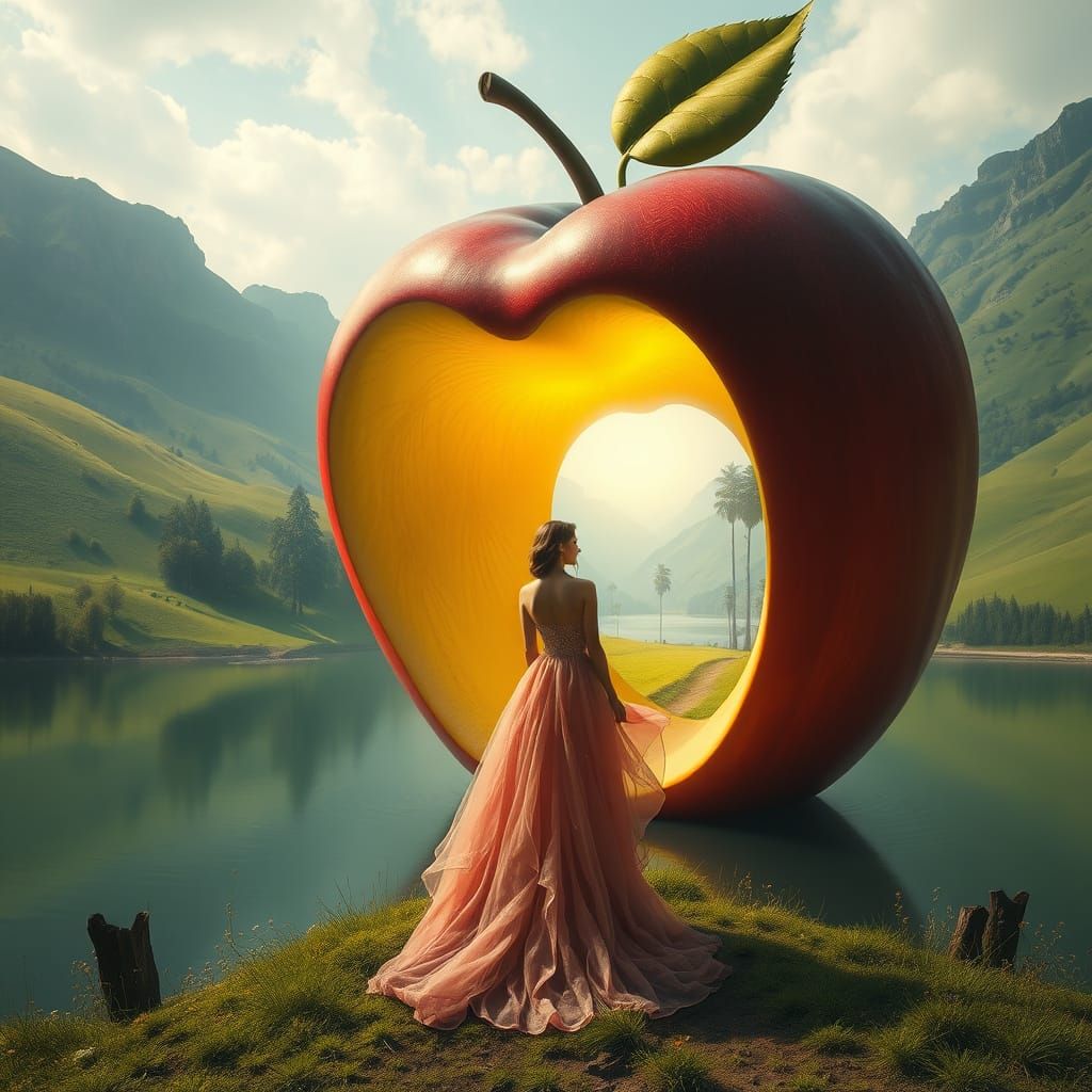 Dreamlike Fantasy Landscape within a Glowing Apple