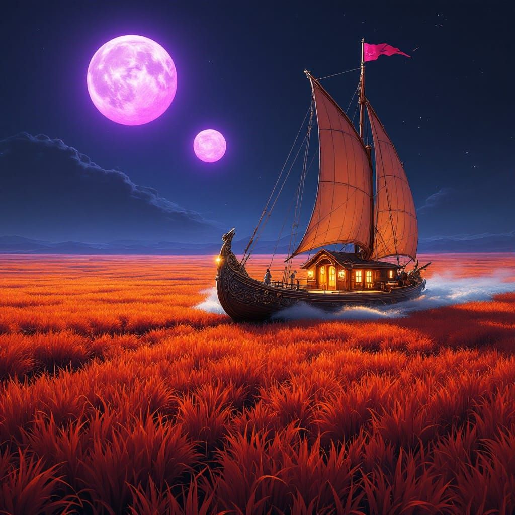 Moonlit Land Barge Speeds Across Vibrant Grasslands