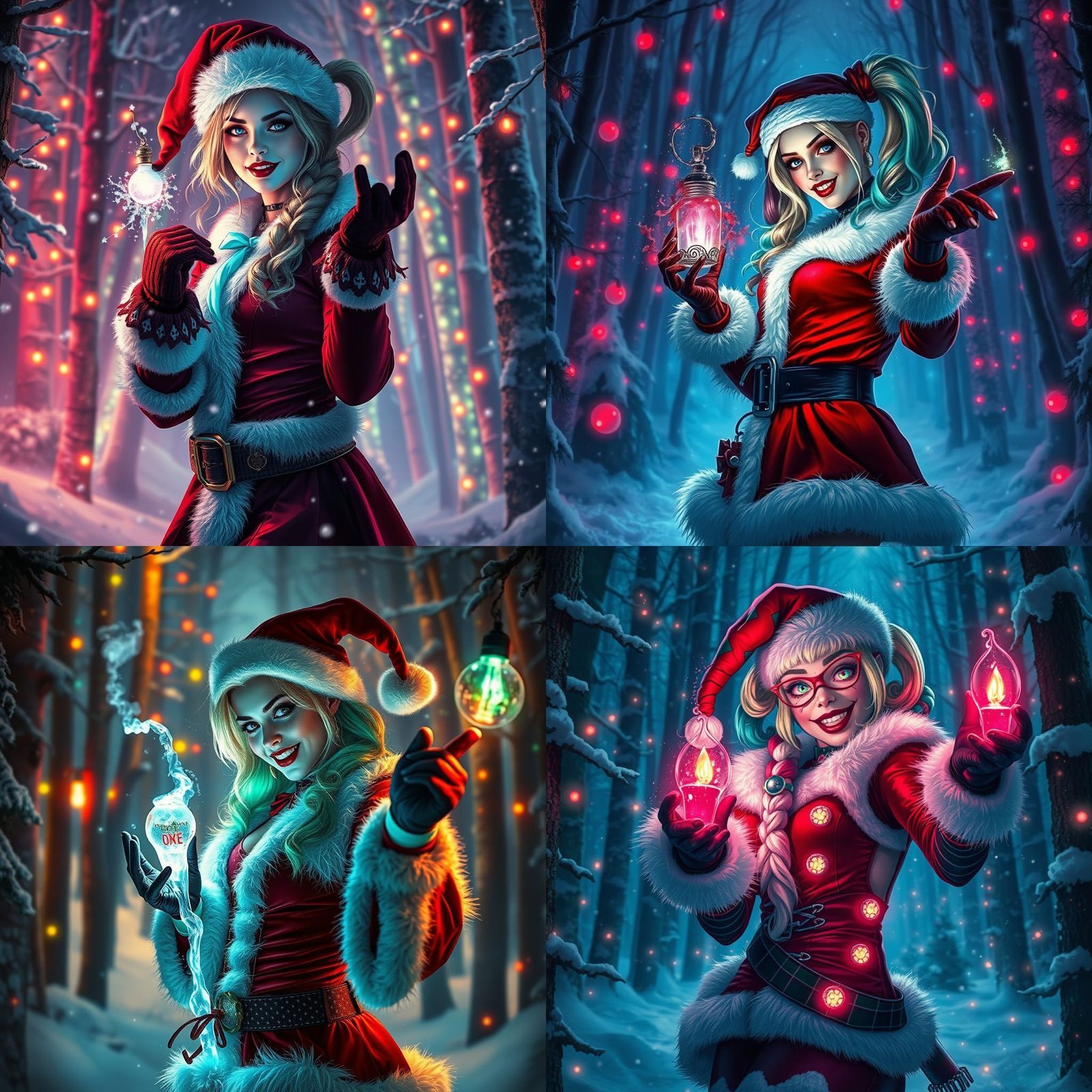 Bioluminescent Harley Quinn as Santa in Winter Forest