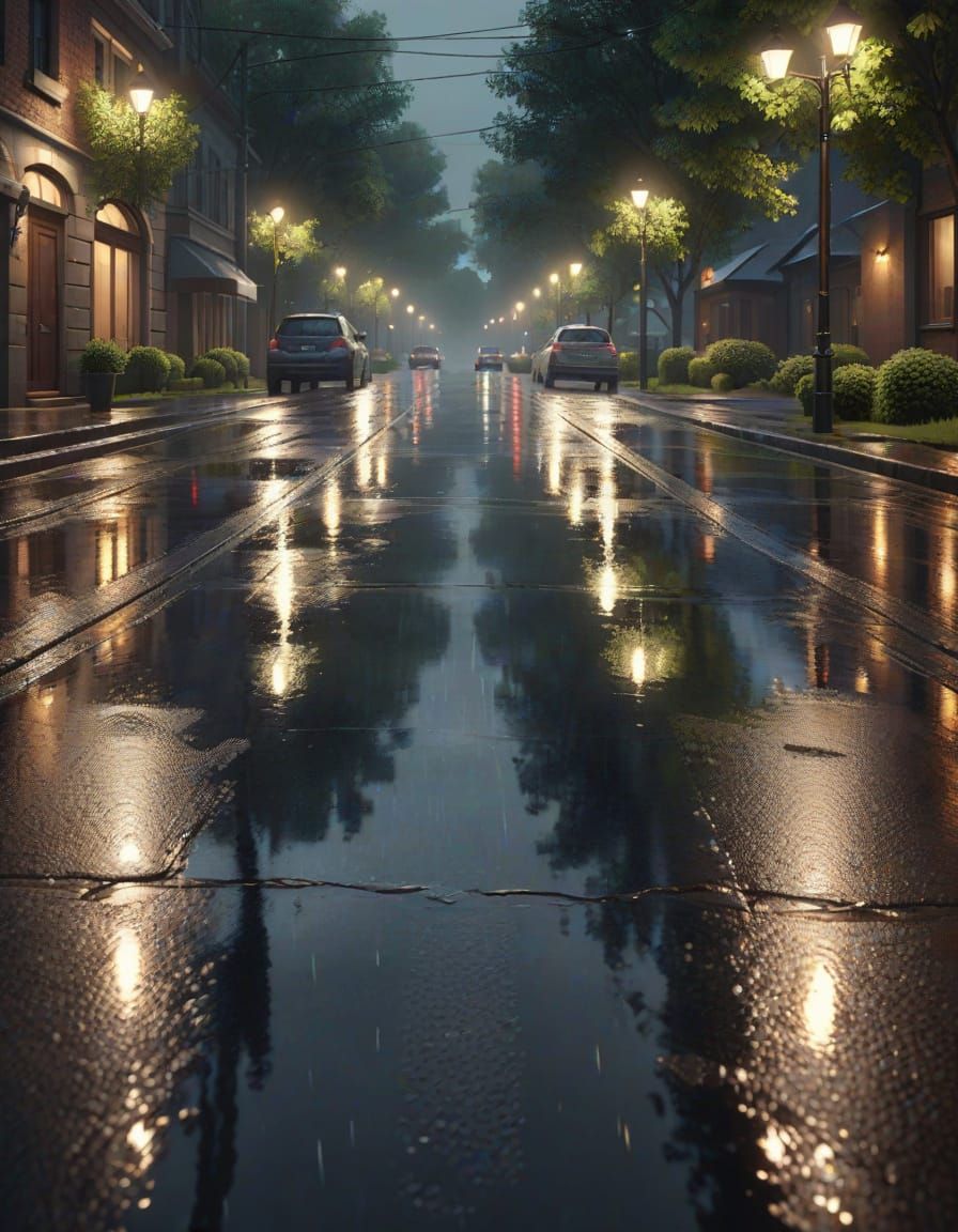 Photorealistic Reflections on Wet Street After Rain