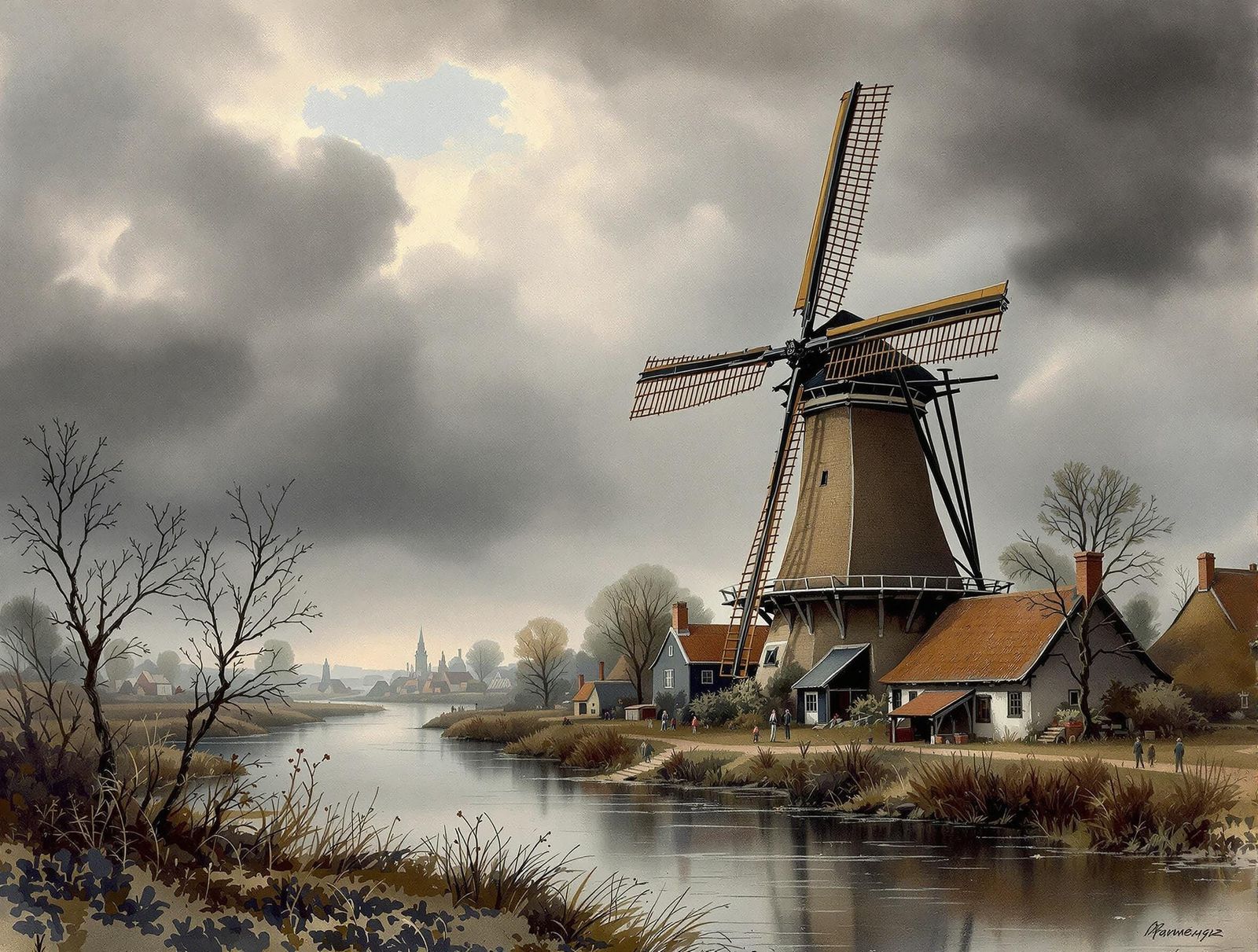 17th Century Dutch Windmill on a Somber Rhine River Day