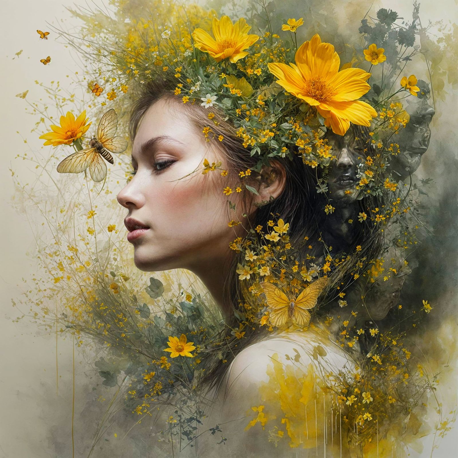 Golden Flowers and Bees in Double Exposure Watercolour