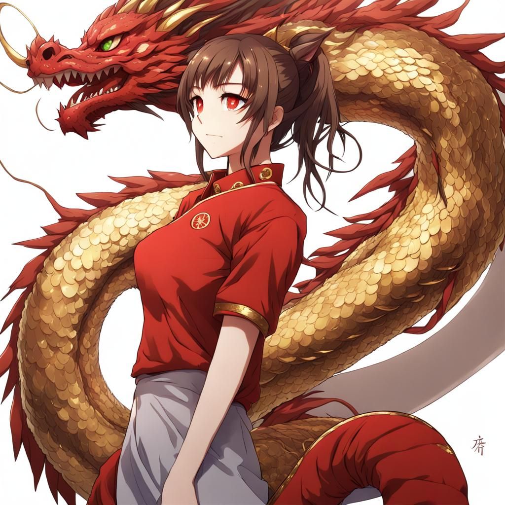 Girl Carries Red and Gold Dragon: Anime Style