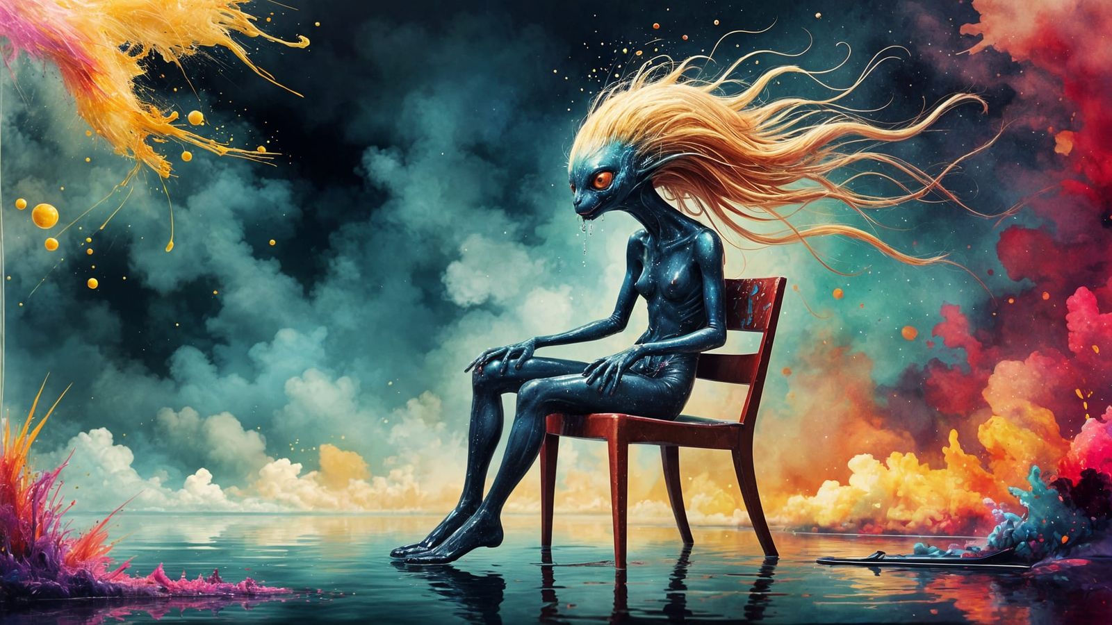 Hairy Alien on Plastic Chair in Surreal Style
